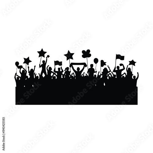 Silhouetted crowd celebrating with raised arms and festive decorations