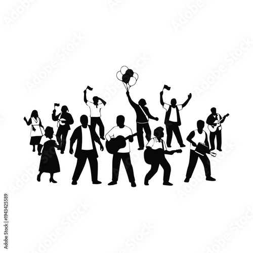Silhouettes of a celebratory group with musicians and raised arms