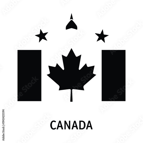 Stylized black and white depiction of the canadian flag with stars