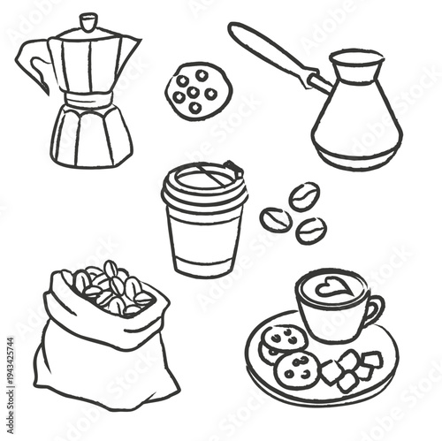 Hand drawn coffee doodle icon set with moka pot, beans, cezve and coffee cup