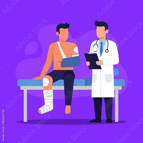 Doctor examining patient with broken arm and leg casts in medical clinic