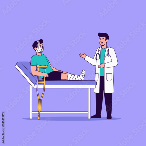 Doctor examining patient with leg cast and bandages on examination table with crutches