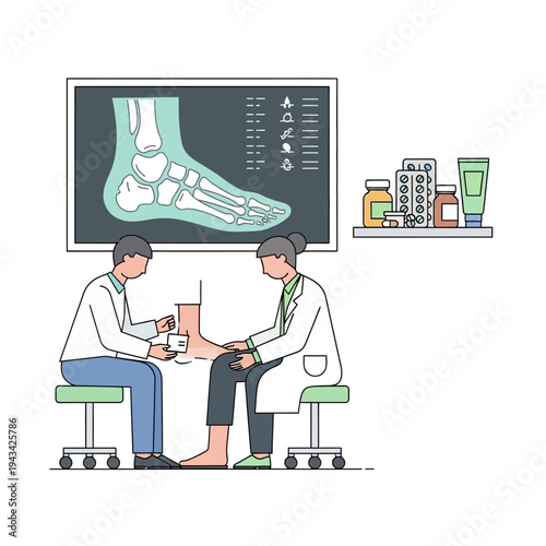 Doctor examining patient's foot with X-ray and medication on shelf