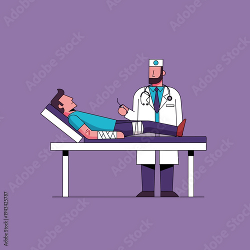 Doctor examining patient's bandaged leg on examination table, medical care concept