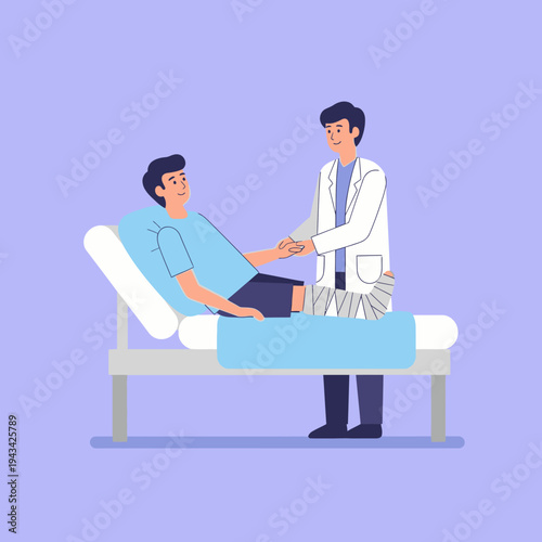 Doctor examining patient's bandaged leg in hospital bed, healthcare concept