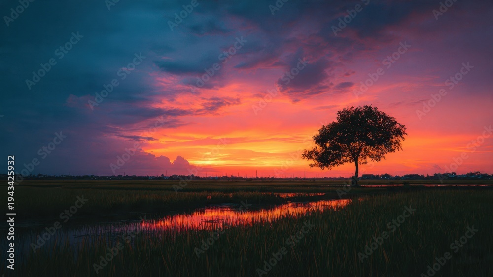 Obraz premium Sunset over rice field with lone tree