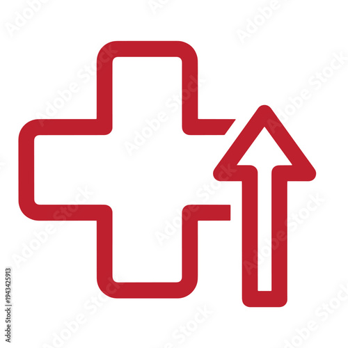 Red cross with upward arrow sign symbol for medical or healthcare direction indication
