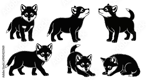 Cute Husky Puppies Set: Black and White Illustrations of Playful Pups in Various Poses