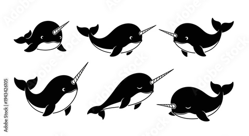 Cute Narwhal Set: Six Adorable Black and White Cartoon Illustrations of Whales with Horns
