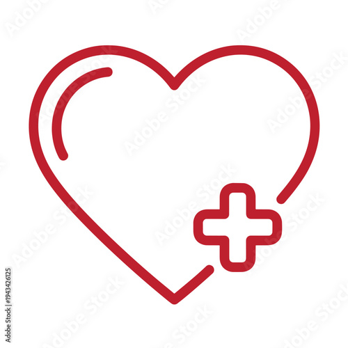 Red heart with a medical cross symbol on white background for health and care concepts