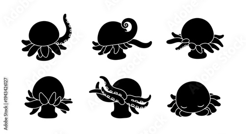Cute Octopus Silhouettes Set: Six Diverse Poses and Expressions