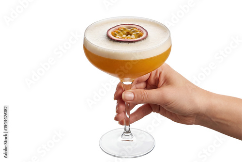 woman hand holding a pornstar martini cocktail with passion fruit garnish isolated on transparent background
