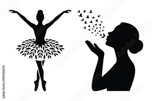 Ballerina releasing birds silhouette vector illustration
