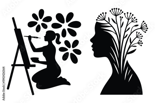 Artist painting flowers silhouette vector illustration