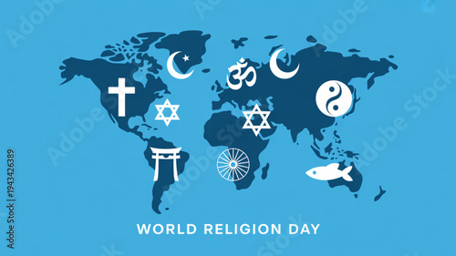 World Map with Religious Symbols and Icons.