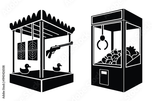 Carnival game icons: shooting gallery, duck shoot, claw machine