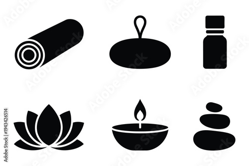 Spa and wellness icons: rolled towel, stone, lotus, candle, oil