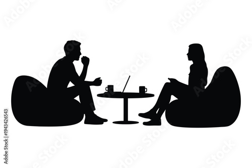 Coworking space icons: people silhouettes talking with laptop