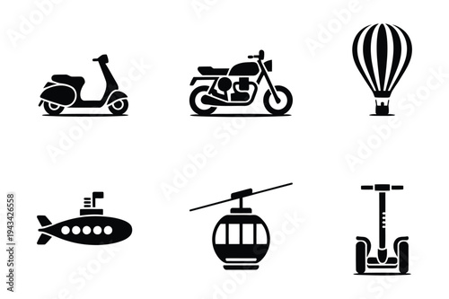 Transportation icons: scooter, motorcycle, hot air balloon, submarine