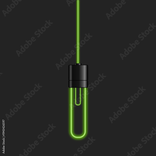 Modern glowing green neon tube light hanging from cable on dark background, minimal decorative lighting design with warm orange illumination.