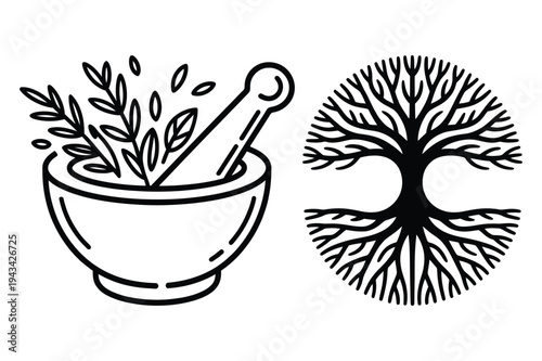 Mortar pestle and tree of life icons for herbal medicine