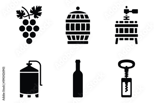 Wine making icons: grapes, barrel, press, bottle, corkscrew