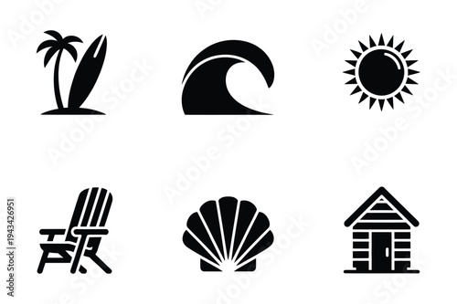 Summer beach icons: surfboard, wave, sun, chair, shell, hut