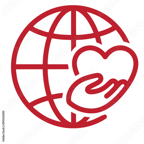 red line drawing of a hand holding a heart in front of a globe symbolizing love and care for the world