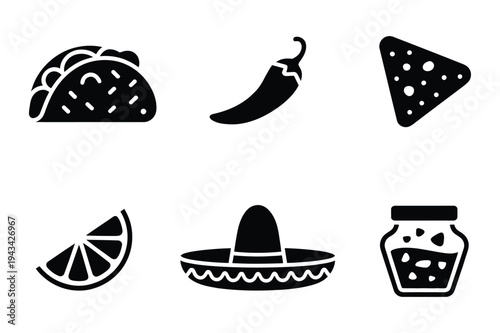 Mexican food icons: taco, chili, chips, lime, sombrero