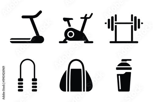 Gym equipment icons: treadmill, bike, dumbbells, jump rope, bag
