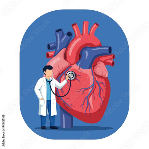 Doctor with Stethoscope Examining Giant Human Heart, Cardiology Medical Concept