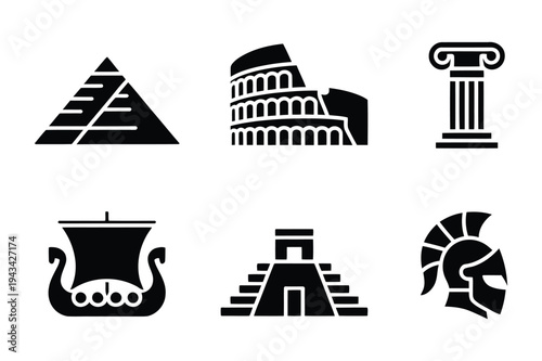 World landmarks icons: pyramid, colosseum, column, ship, temple, helme