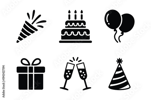 Party icons: poof, cake, balloons, gift, glasses, hat