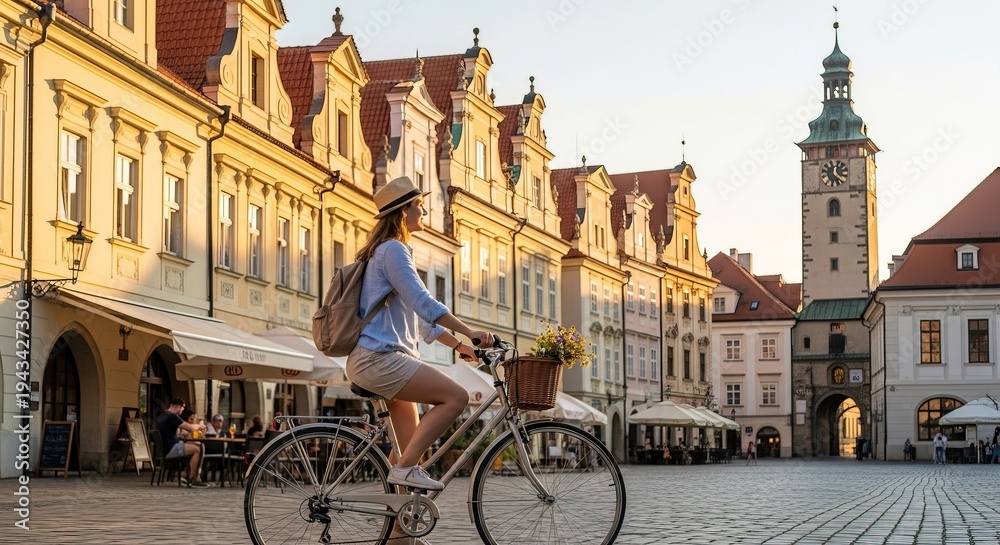 Naklejka premium Woman rides bicycle through historic European city square with old buildings and clock tower