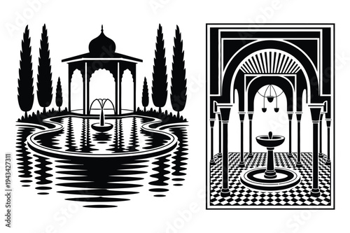 Gazebo fountain garden and moroccan style courtyard silhouette