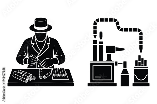 Cigar maker and factory machine silhouette icons