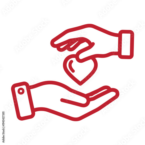 red line drawing of hands holding a heart symbolizing love and care giving  a charitable donation concept