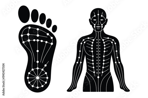 Acupuncture meridian points on foot and body silhouettes