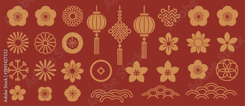 Collection of traditional Chinese decorative elements and patterns in gold on a red background