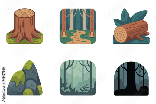 Nature forest icons set: tree stump, wood log, path, and mountains