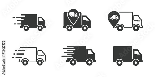 Set of six black and white delivery truck icons with different styles and motion effects