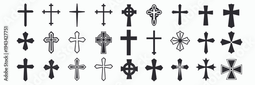 Collection of Diverse Christian Cross Symbols in Silhouette and Outline Styles 