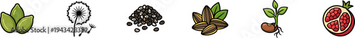 Set of botanical seeds, sprouts, and fruit vector icons.