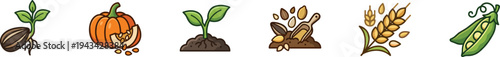 Set of seeds, sprouts, and vegetable growth vector icons.