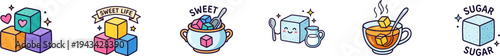Colorful sugar cube and coffee cup vector icons with cute faces.