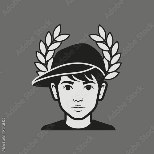 Young boy wearing a baseball cap with laurel wreath, stylized portrait