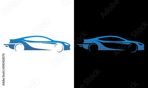 A blue sports car illustration on white and black backgrounds showcases sleek design.
