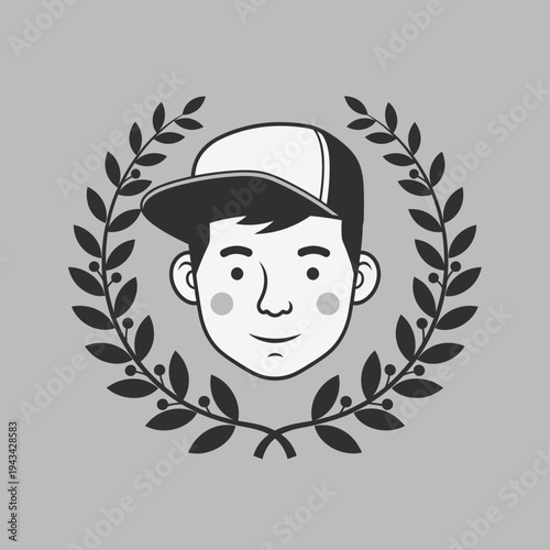 Young Man Wearing Baseball Cap in Laurel Wreath Emblem