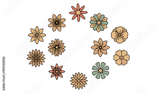 A vibrant illustration of various colorful flowers arranged in a circular pattern on a white background.
