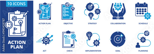 Action plan icon collection set. Containing Action plan, Objective, strategy, collaboration, schedule, act, check, implementation, goal, planning,  icon.  dual tone vector.	
